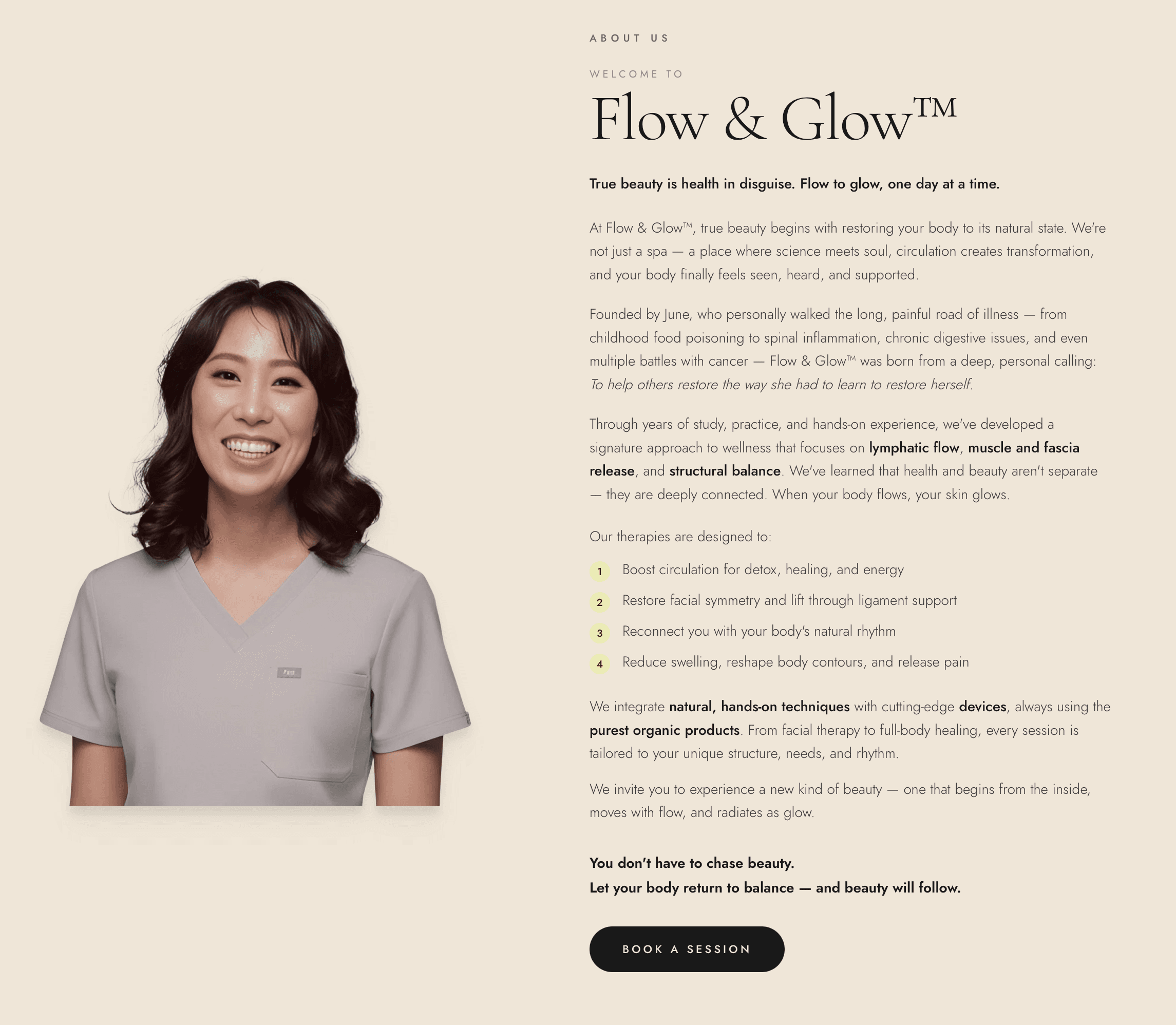 June, founder and lead therapist of re:FLOW, smiling in gray scrubs
