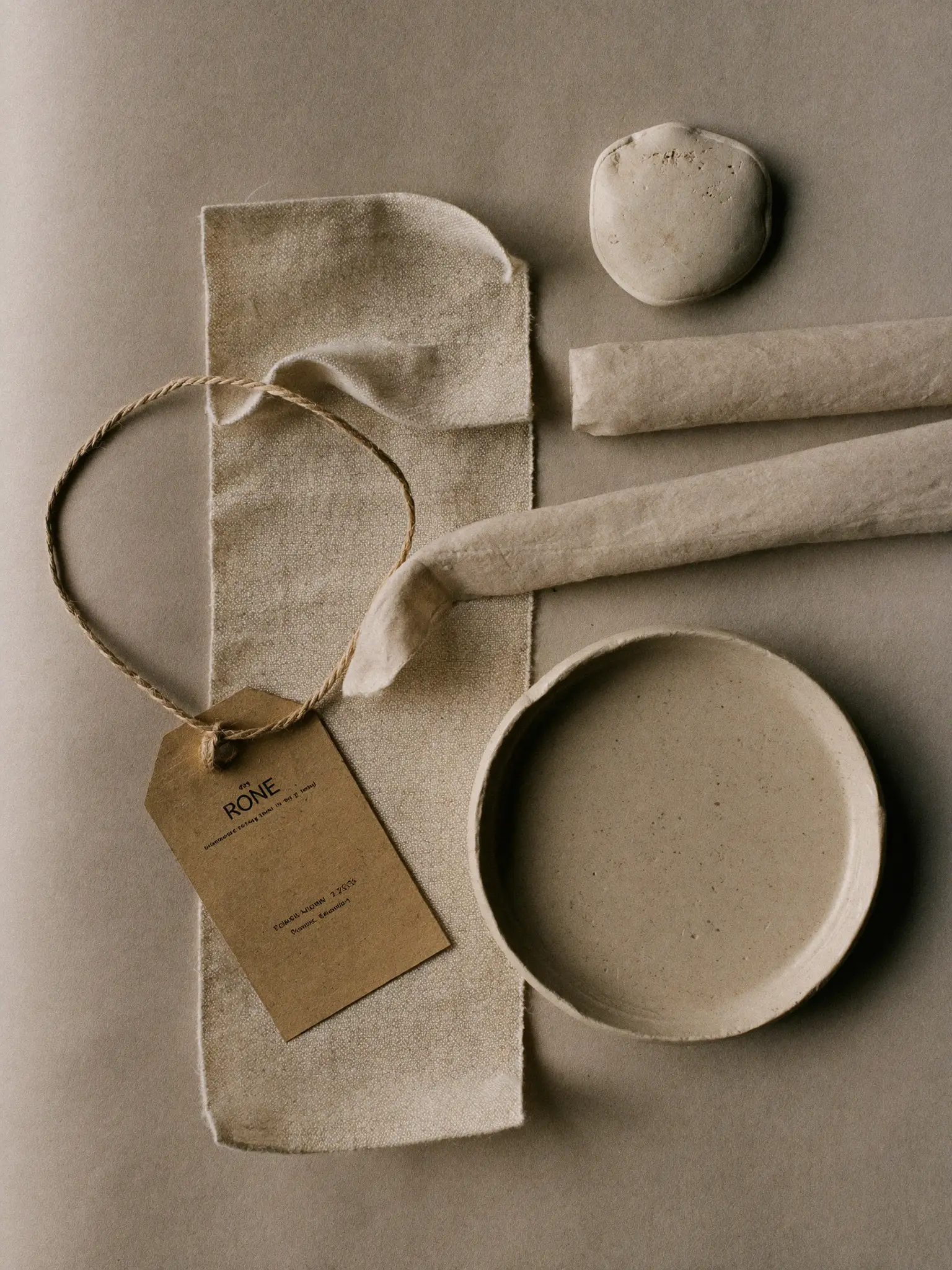 Studio materials laid out on linen — stoneware dish, folded cloth, and tools
